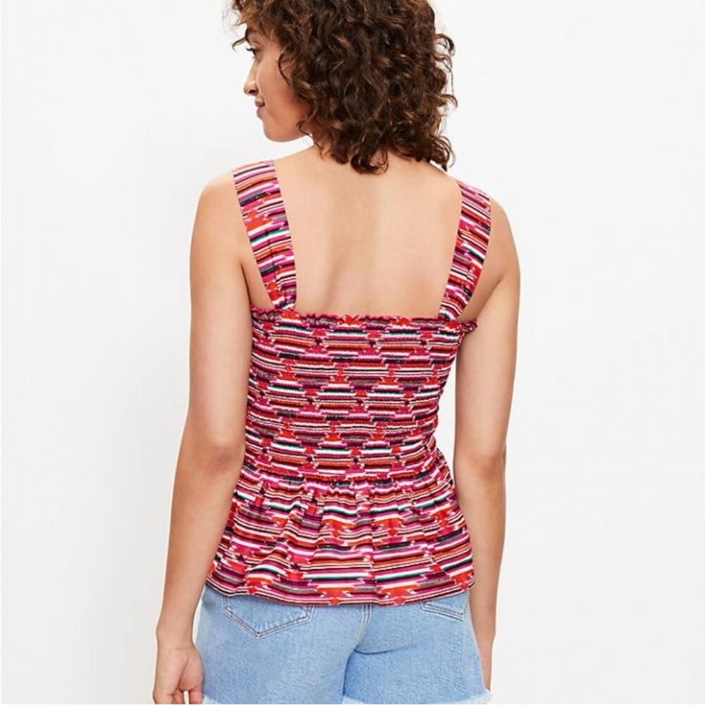 Loft Pink Purple Ikat Smocked Peplum Cami Tank Top Blouse Square Neck XS - Picture 3 of 10